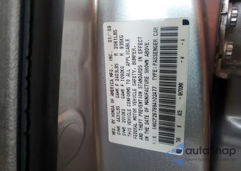 2009 Honda Accord Ex из США, поврежденный, VIN 1HGCP26799A102477